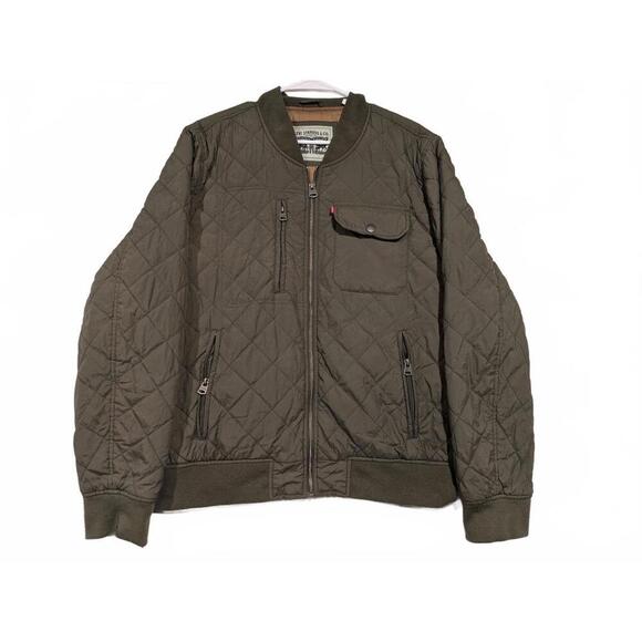 Levi Strauss Quilted Olive Green Bomber Jacket Full Zip Nylon Mens Large 25x27 - Picture 1 of 10